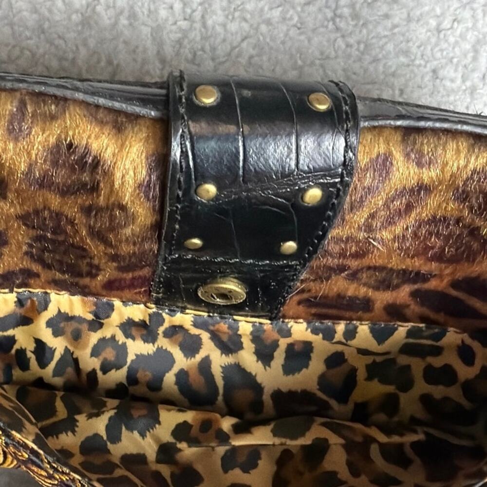 Y2K Leopard Fur Paisley Baguette Bag Gothic Boho Shoulder Purse Brass Hardware - Picture 7 of 10